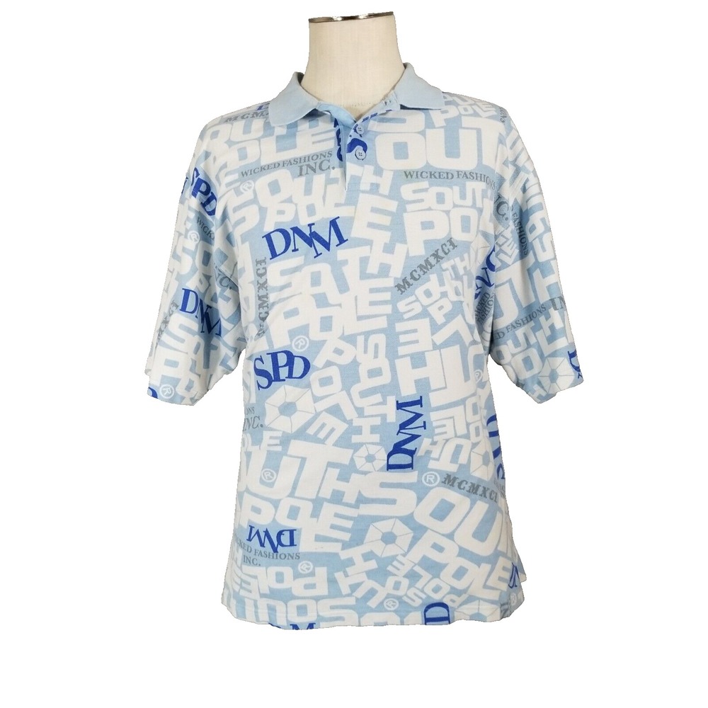 South Pole Polo Shirt Men XL Blue Spell Out All Over Print Logo Preppy Cotton